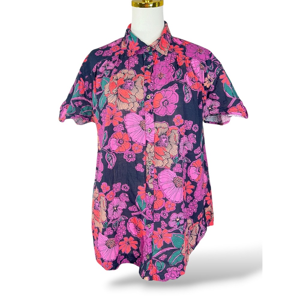 Free People Womens Floral Short Sleeve Button Down Shirt Pink Purple XS